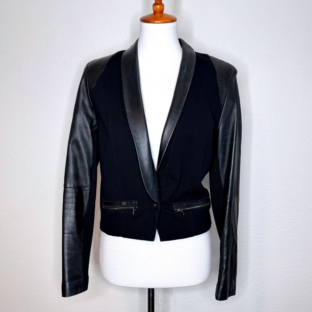Black Faux Leather-Trim Blazer Jacket